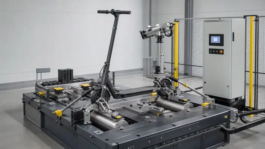 Standing electric scooter mounted on a complete-vehicle durability test machine