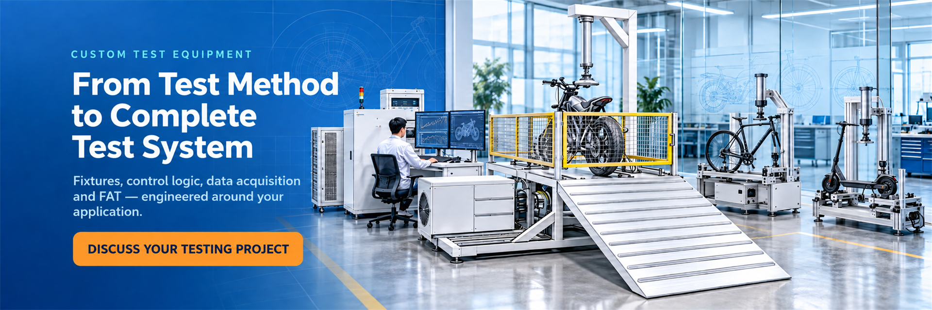 Custom test equipment for bicycles, e-scooters and motorcycles