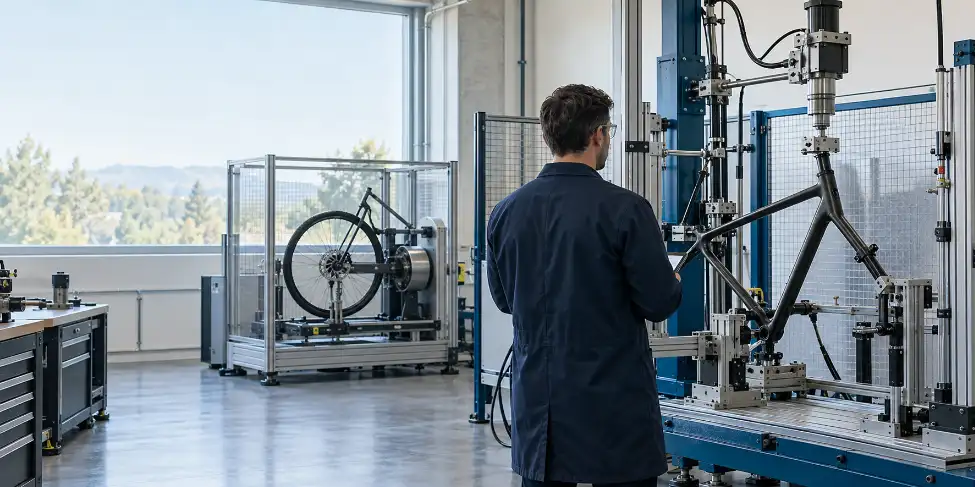 Illustrative laboratory scene with separate bicycle frame and wheel test stations