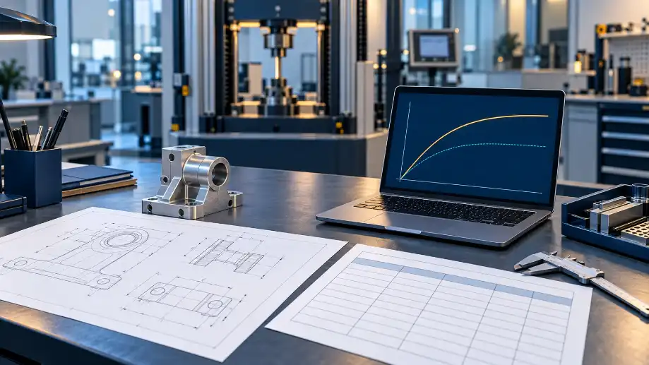 Conceptual engineering desk with specimen drawing, RFQ matrix, fixture and test-data screen