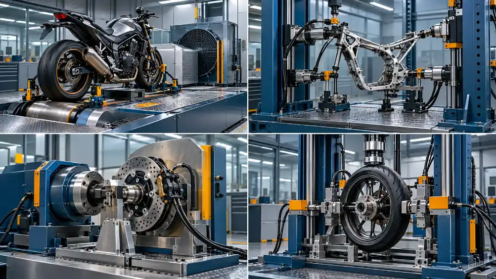 Conceptual illustration of motorcycle dyno, frame, brake and wheel test stations